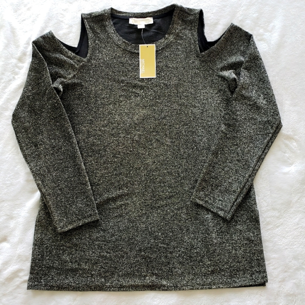 MICHAEL KORS Long Sleeve Metallic Silver Cold Shoulder Tunic Top--L--NWT